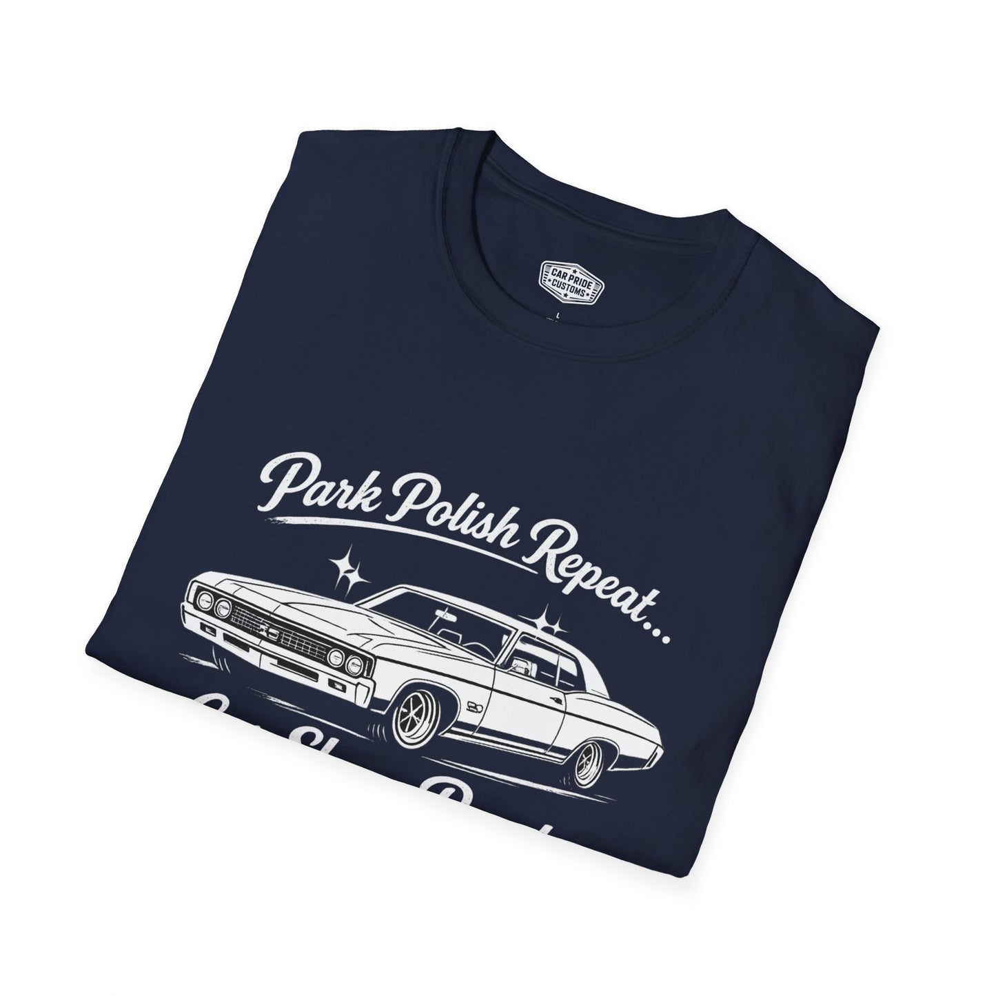 Park Polish Repeat | 1970 Chevy Impala SS T-Shirt | Funny Full-Size Car Show Graphic Tee | Chevrolet Shirt