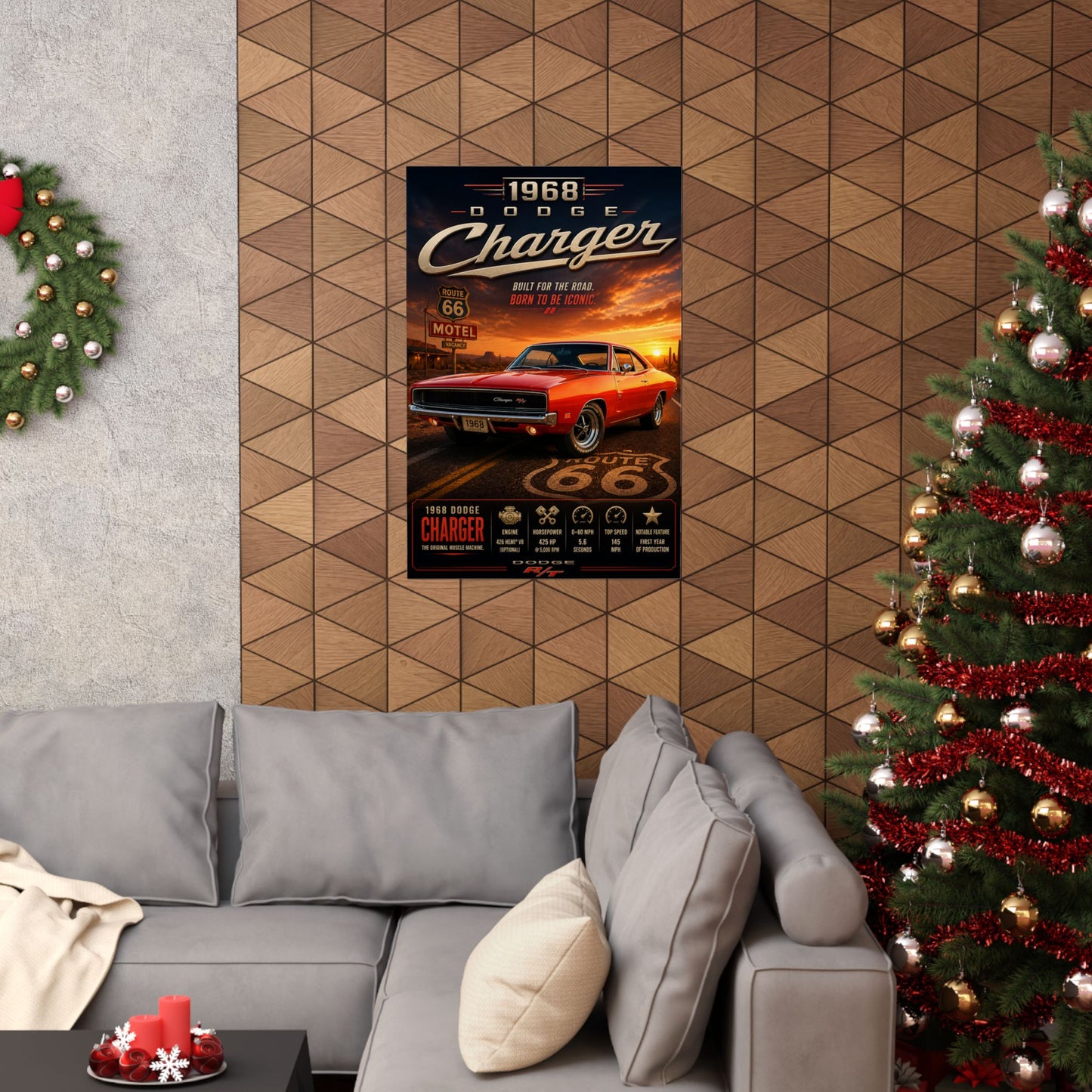 1968 Dodge Charger RT Poster | Classic Mopar Muscle Car Wall Art | Route 66 Charger Print | Vintage Dodge Poster | Car Enthusiast Gift
