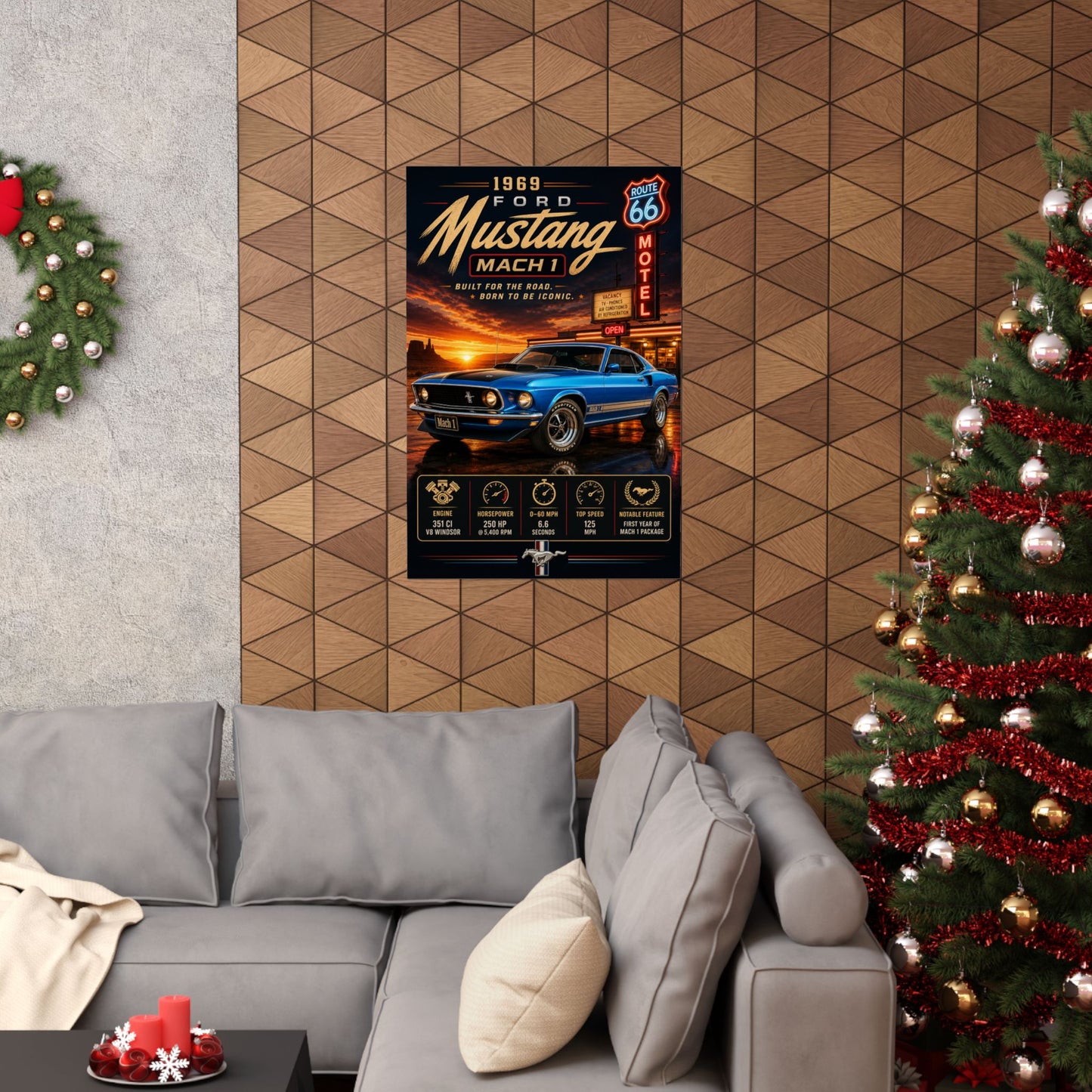 1969 Ford Mustang Mach 1 Poster | Classic Mustang Wall Art | Muscle Car Print | Route 66 Car Poster | Car Enthusiast Gift