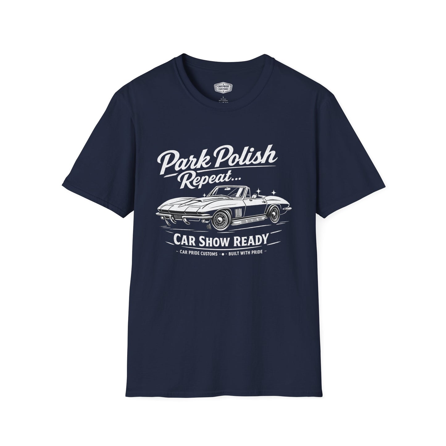 Park Polish Repeat | Corvette T-Shirt | Funny Car Show Ready Graphic Tee | Classic Stingray Shirt