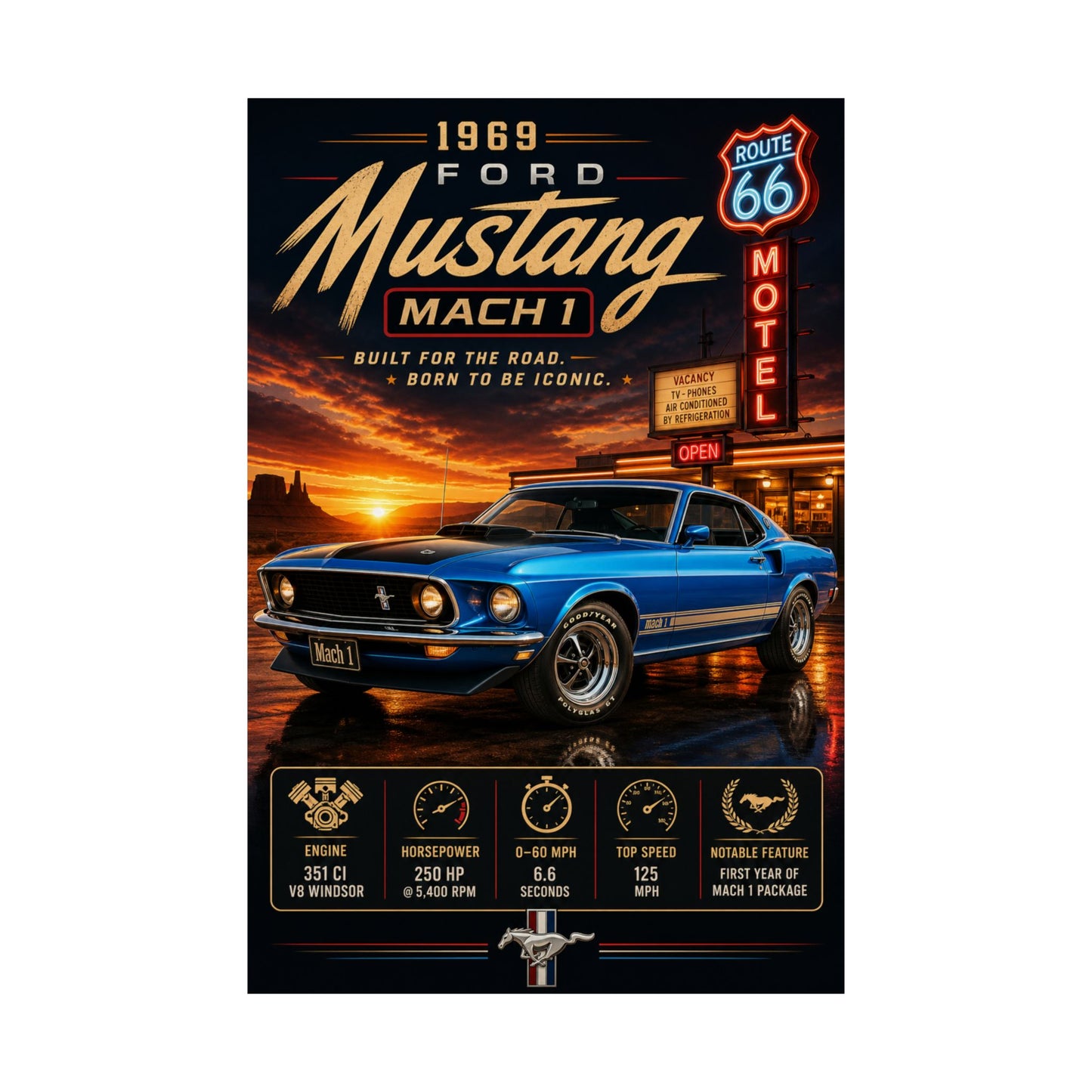 1969 Ford Mustang Mach 1 Poster | Classic Mustang Wall Art | Muscle Car Print | Route 66 Car Poster | Car Enthusiast Gift