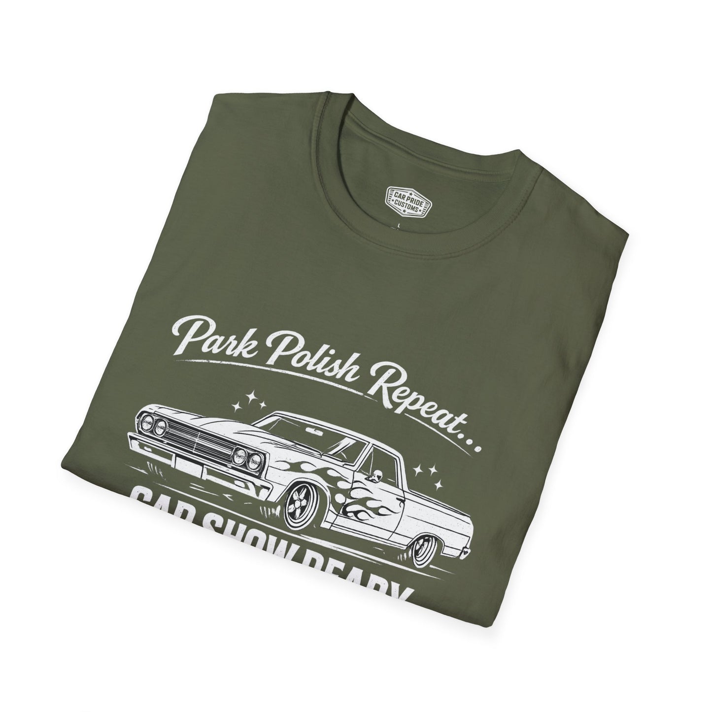 Park Polish Repeat | 1965 Chevy El Camino with Flames T-Shirt | Funny Flame Graphic Show Tee | El Camino Shirt