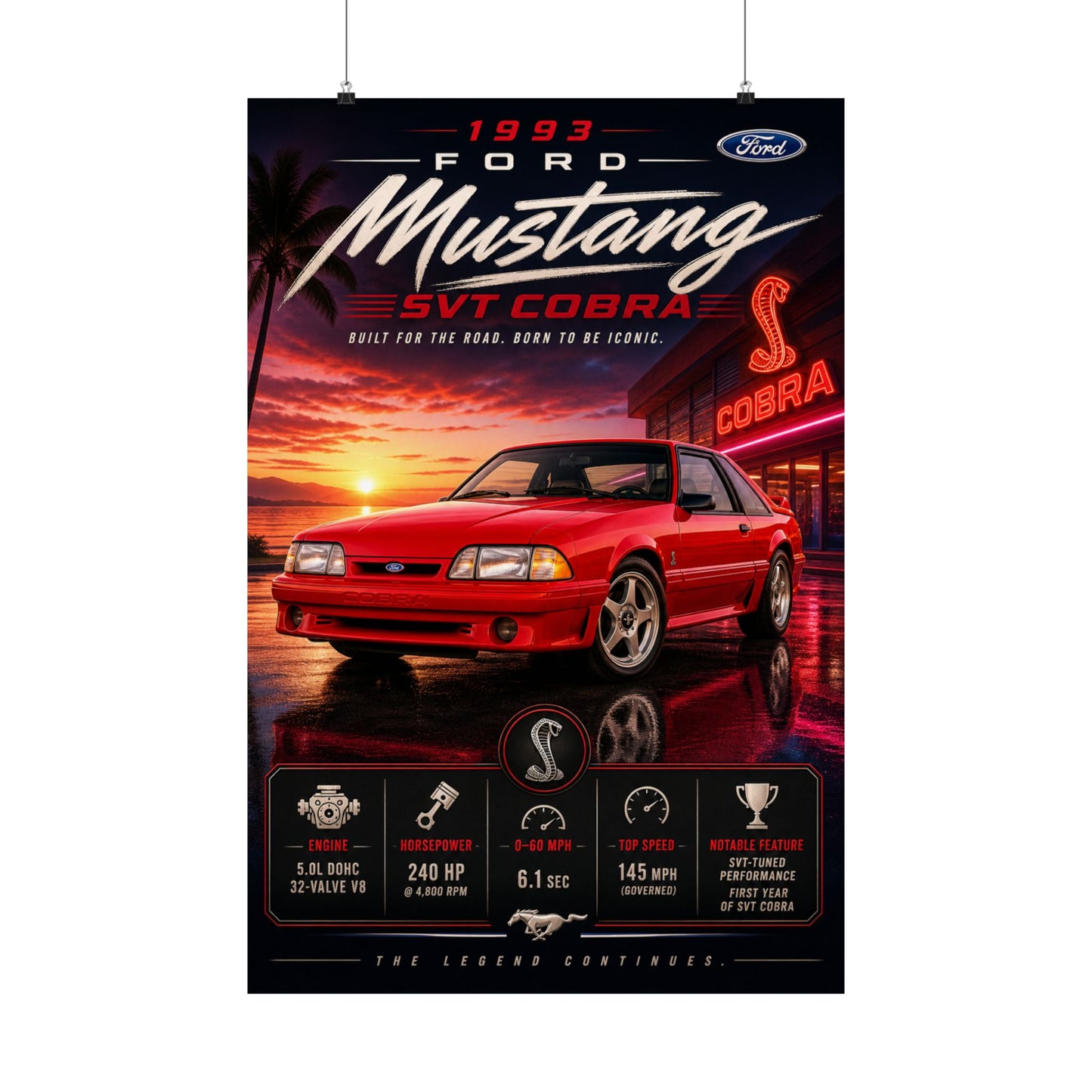 1993 Ford Mustang SVT Cobra Poster | Foxbody Mustang Wall Art | Classic Ford Muscle Car Print | Cobra Car Poster | Car Enthusiast Gift