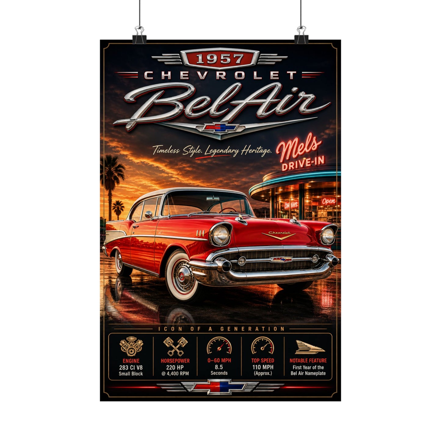 1957 Chevy Bel Air Poster | Classic Chevrolet Wall Art | Vintage 50s Car Print | Retro Diner Car Poster | Car Enthusiast Gift
