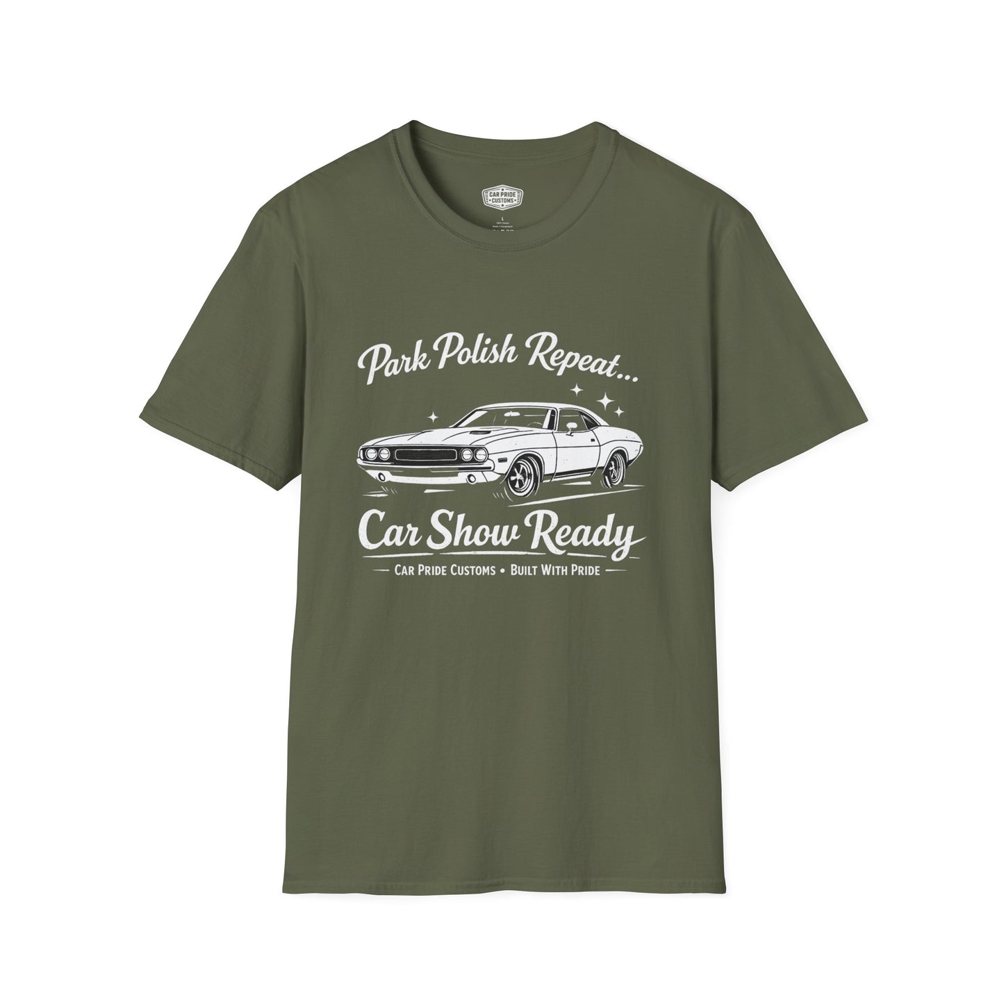 Park Polish Repeat | 1970 Dodge Challenger T-Shirt | Funny Mopar Muscle Car Show Graphic Tee | Challenger Shirt