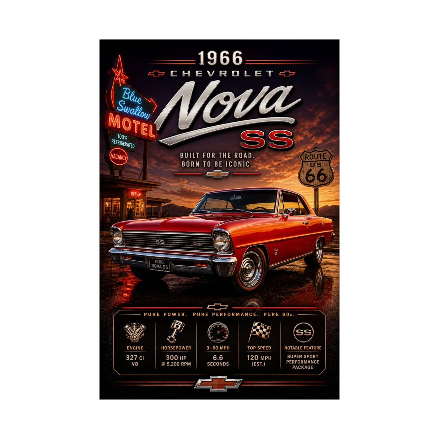 1966 Chevy Nova SS Poster | Classic Chevrolet Muscle Car Wall Art | Vintage Nova Print | Route 66 Poster | Car Enthusiast Gift