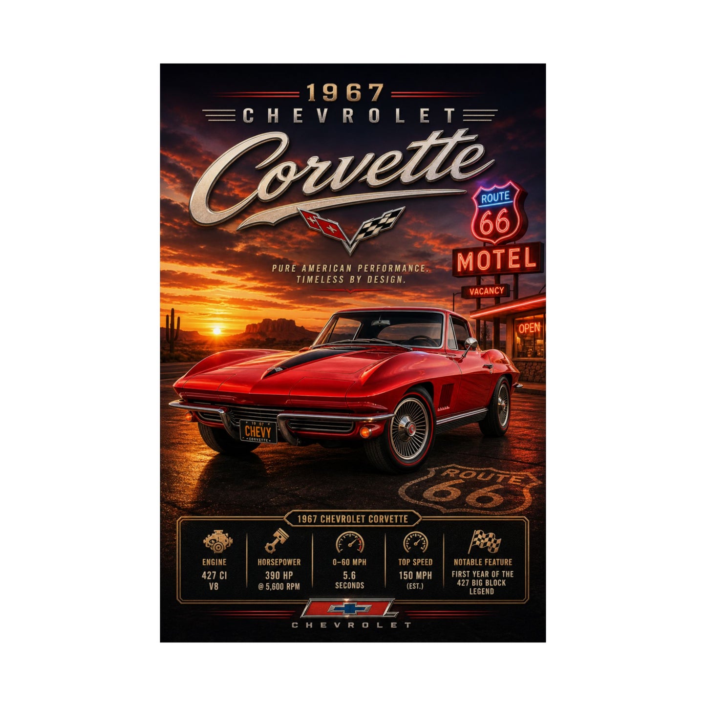 1967 Corvette Poster | Classic Chevy Corvette Wall Art | Stingray Car Print | Route 66 Poster | Car Enthusiast Gift