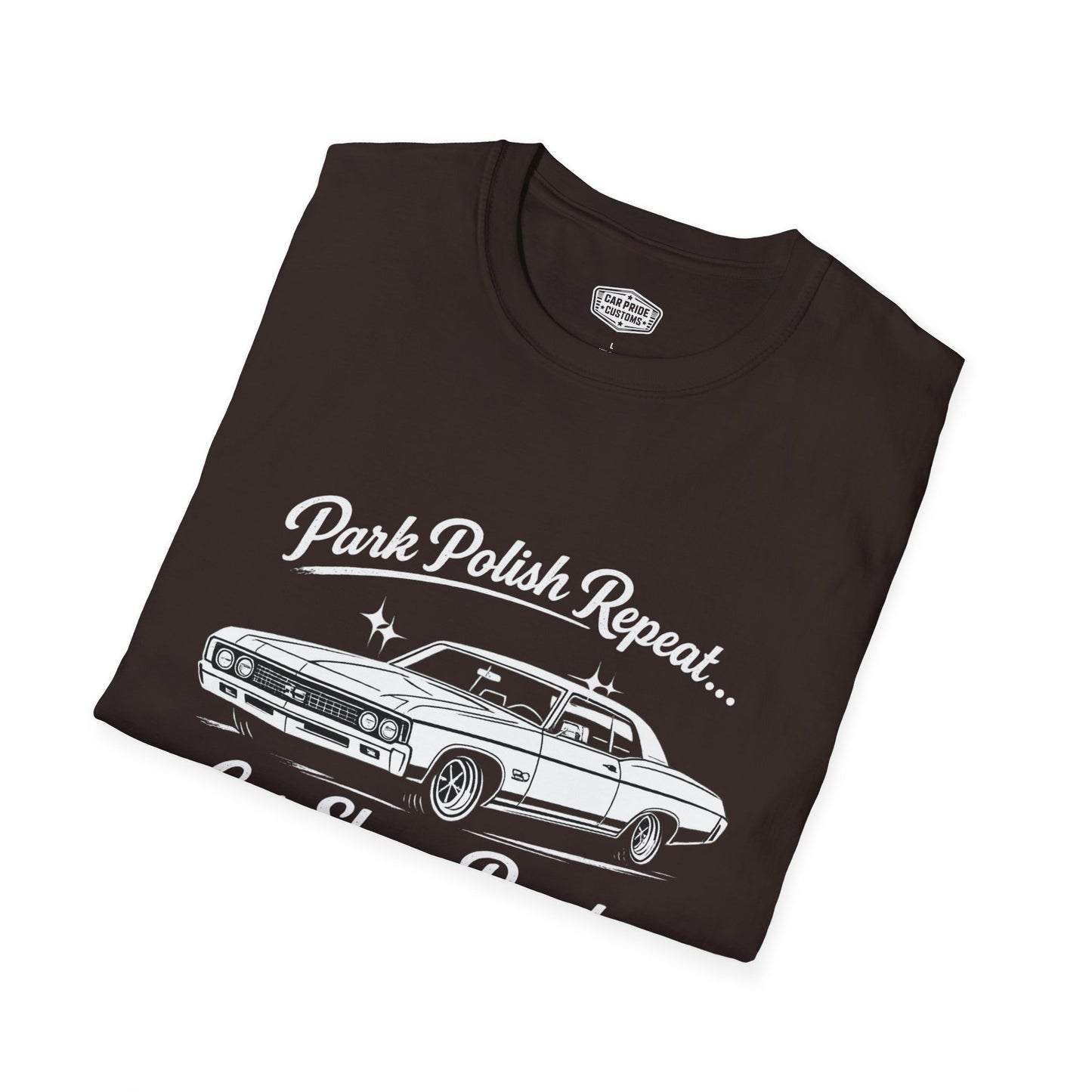 Park Polish Repeat | 1970 Chevy Impala SS T-Shirt | Funny Full-Size Car Show Graphic Tee | Chevrolet Shirt
