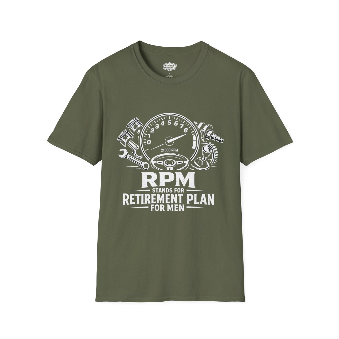 RPM Retirement Plan for Men T-Shirt | Funny Mechanic Car Guy Graphic Tee | Retirement Gift for Dad