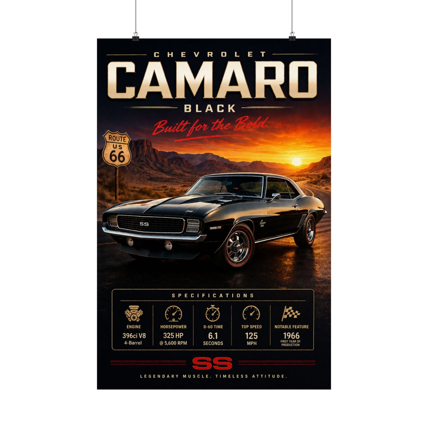 Chevrolet Camaro SS Poster | 1969 Camaro Wall Art | Classic Muscle Car Print | Route 66 Car Poster | Car Enthusiast Gift