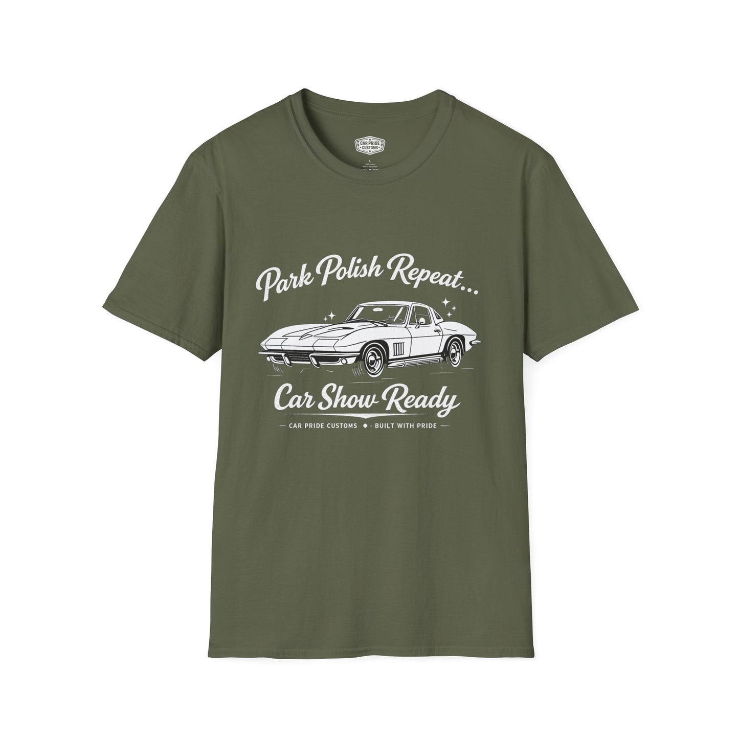 Park Polish Repeat | 1967 Chevy Corvette T-Shirt | Funny Stingray Car Show Graphic Tee | Classic Corvette Shirt