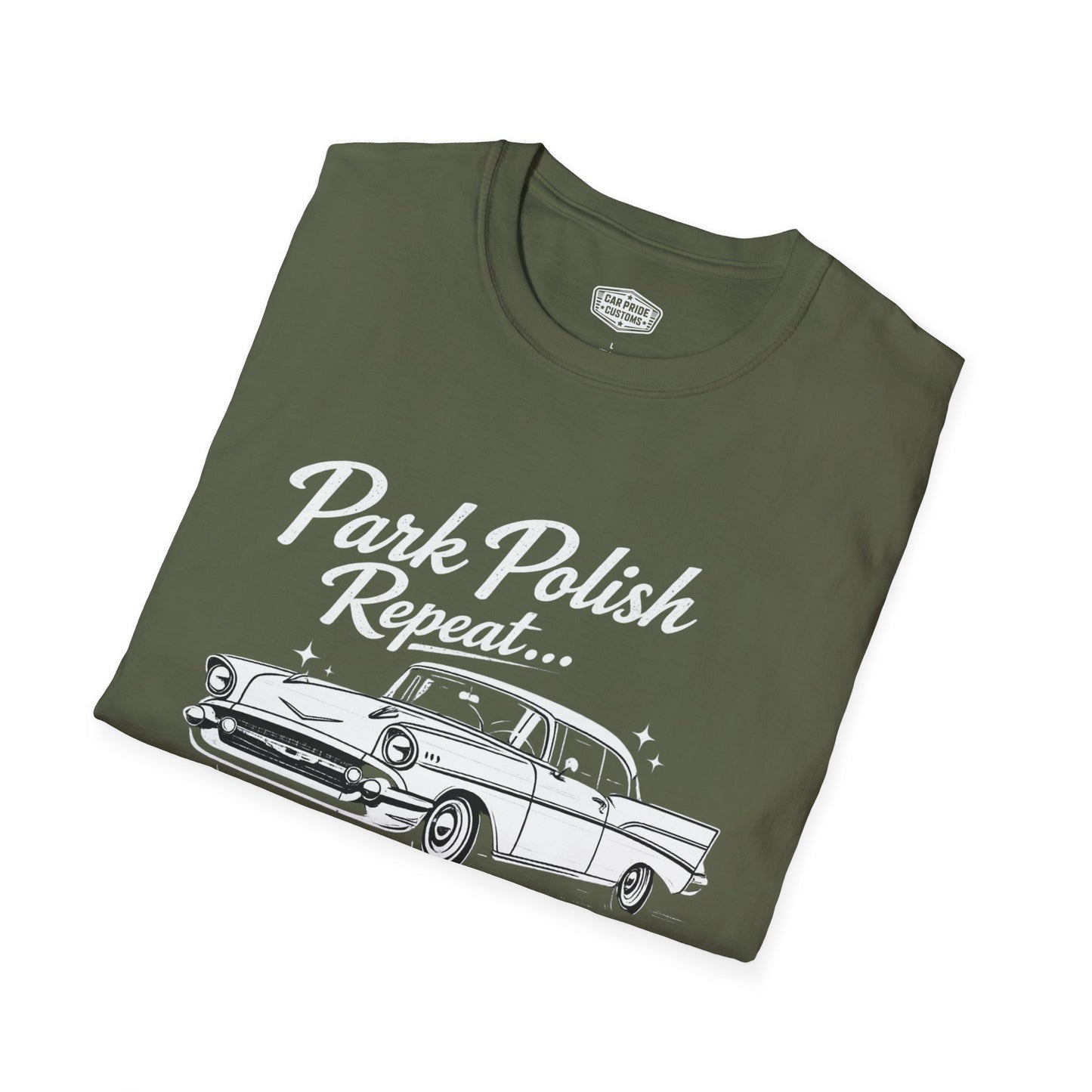 Park Polish Repeat | 1957 Chevy Bel Air T-Shirt | Funny Tri-Five Car Show Graphic Tee | Classic Chevrolet Shirt
