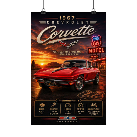 1967 Corvette Poster | Classic Chevy Corvette Wall Art | Stingray Car Print | Route 66 Poster | Car Enthusiast Gift