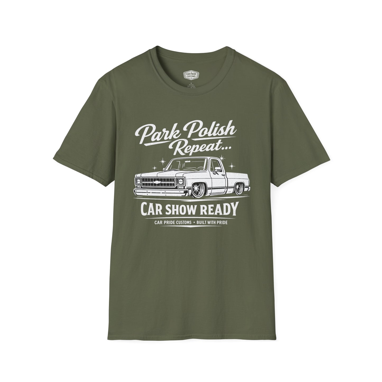 Park Polish Repeat | 1975 Chevy Silverado T-Shirt | Funny Square Body Truck Show Graphic Tee | Chevrolet Truck Shirt