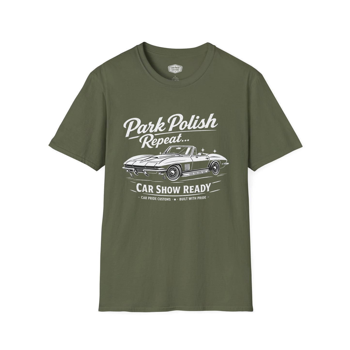 Park Polish Repeat | Corvette T-Shirt | Funny Car Show Ready Graphic Tee | Classic Stingray Shirt