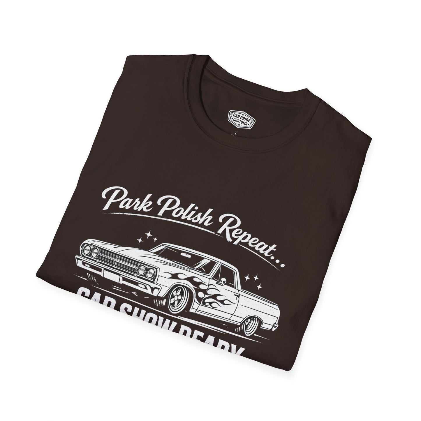 Park Polish Repeat | 1965 Chevy El Camino with Flames T-Shirt | Funny Flame Graphic Show Tee | El Camino Shirt
