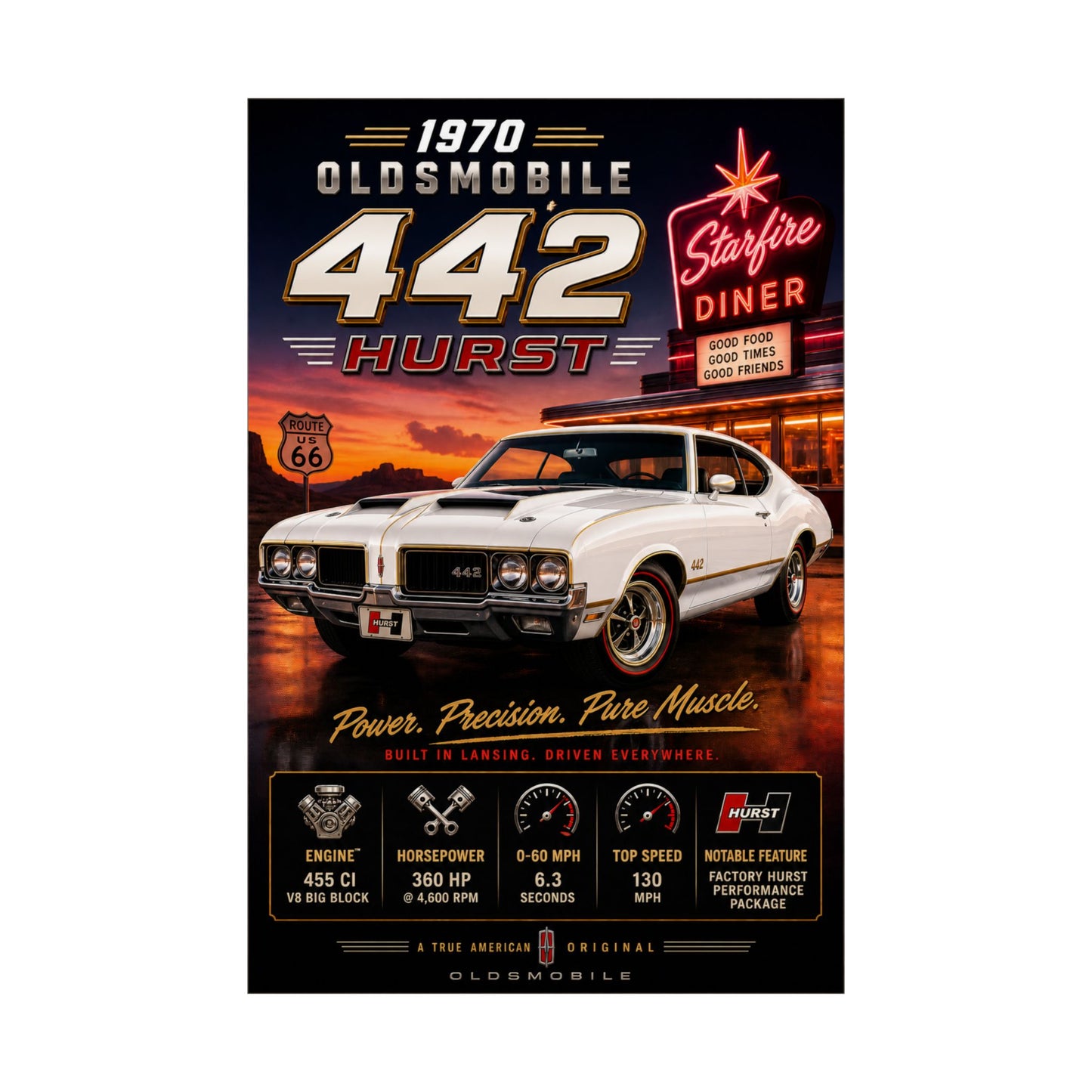 1970 Oldsmobile 442 Hurst Poster | Classic Muscle Car Wall Art | Vintage Olds 442 Print | Route 66 Car Poster | Car Enthusiast Gift