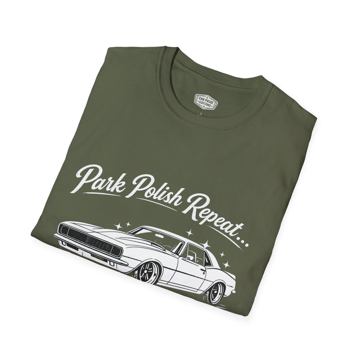 Park Polish Repeat | 1968 Chevy Camaro T-Shirt | Funny Muscle Car Show Graphic Tee | Camaro Shirt