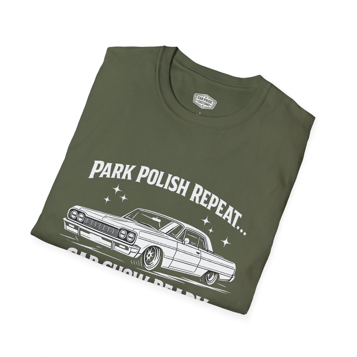 Park Polish Repeat | 1964 Chevy Impala SS T-Shirt | Funny Full-Size Muscle Show Graphic Tee | Impala Shirt