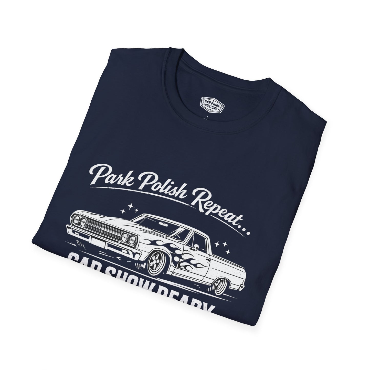 Park Polish Repeat | 1965 Chevy El Camino with Flames T-Shirt | Funny Flame Graphic Show Tee | El Camino Shirt