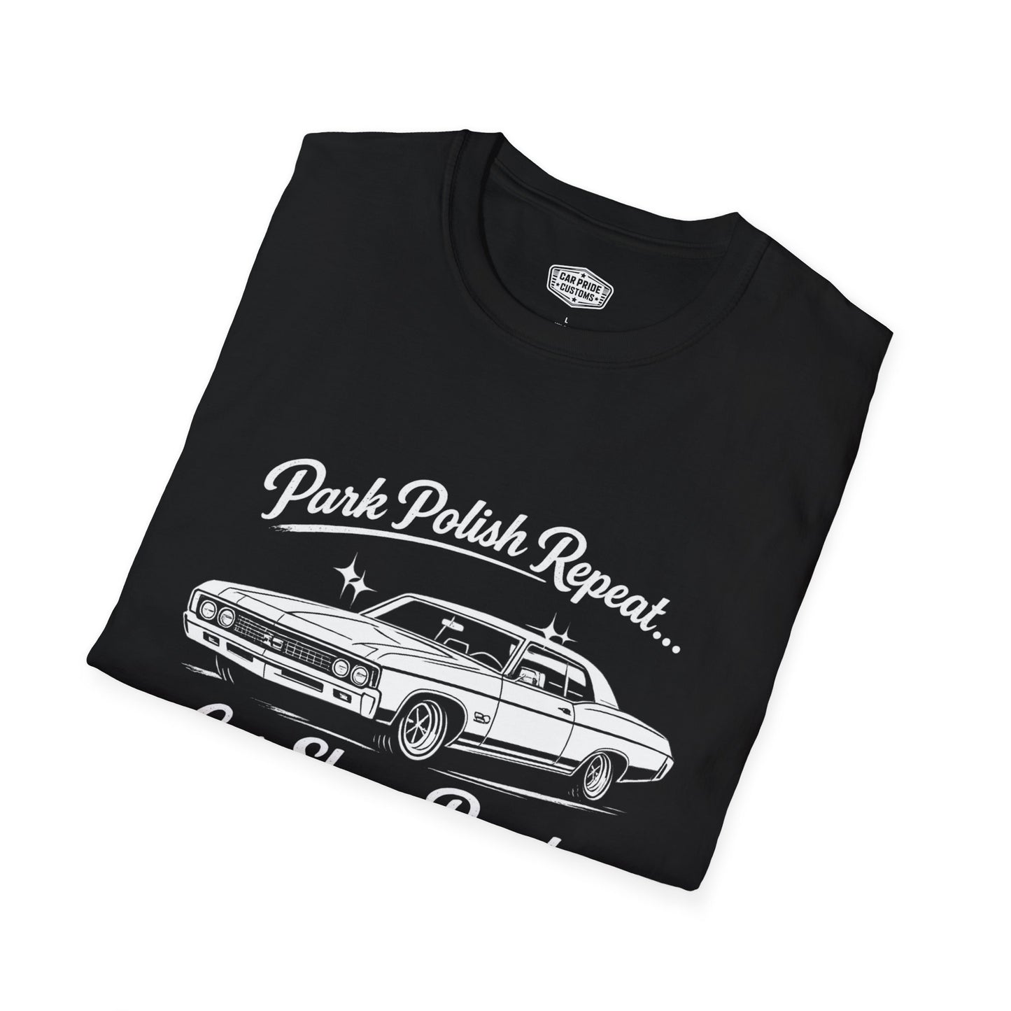 Park Polish Repeat | 1970 Chevy Impala SS T-Shirt | Funny Full-Size Car Show Graphic Tee | Chevrolet Shirt
