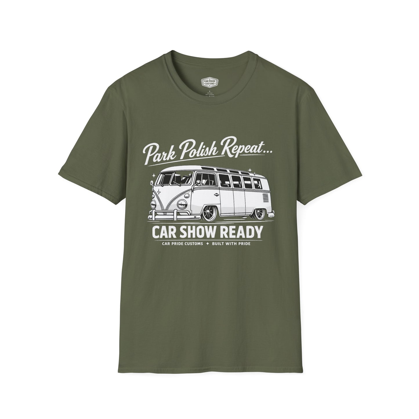 Park Polish Repeat | 1968 VW Bus 13-Window T-Shirt | Funny Classic Van Show Graphic Tee | Volkswagen Shirt