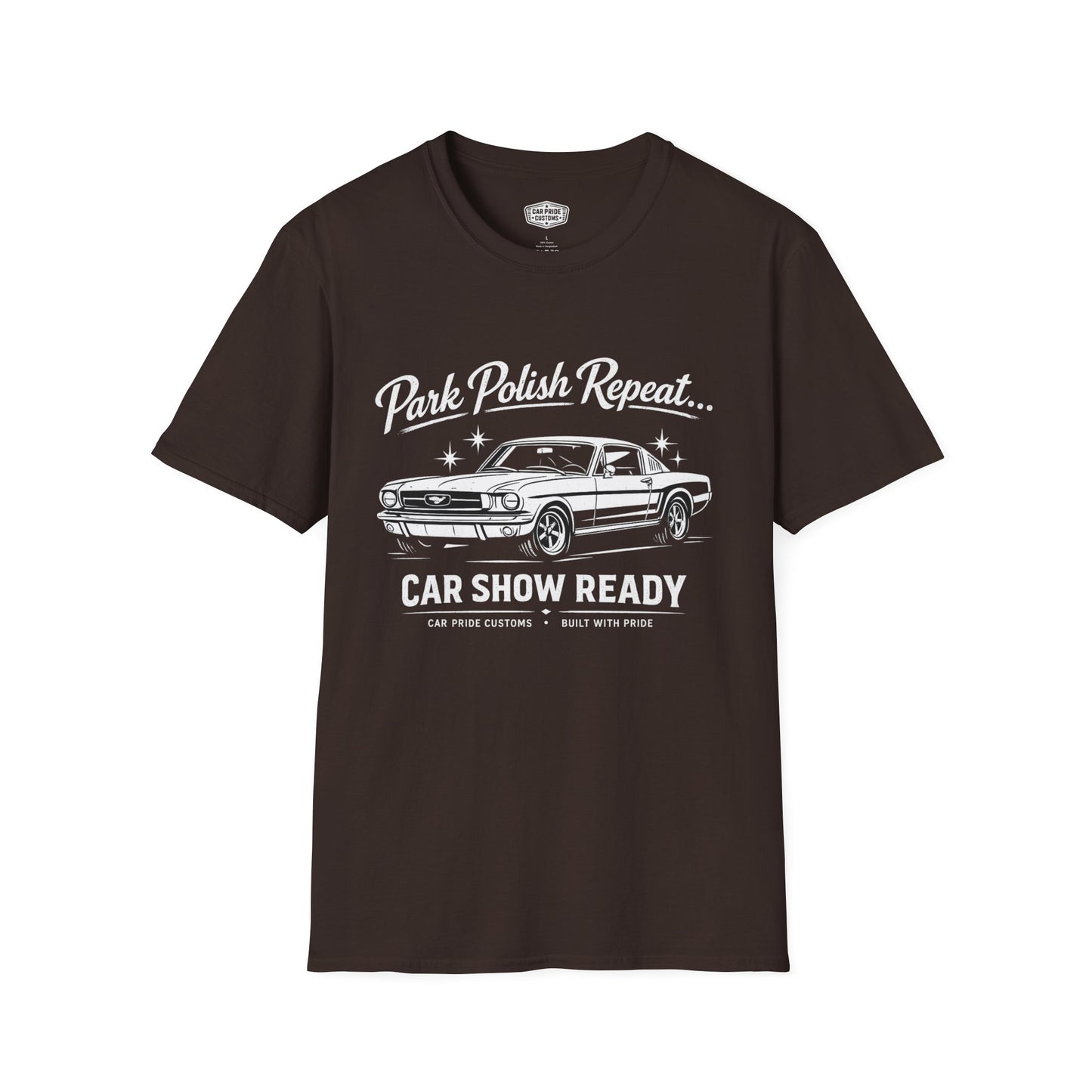 Park Polish Repeat | 1968 Ford Mustang Mach 1 T-Shirt | Car Show Ready Mustang Graphic Tee | Classic Ford Shirt