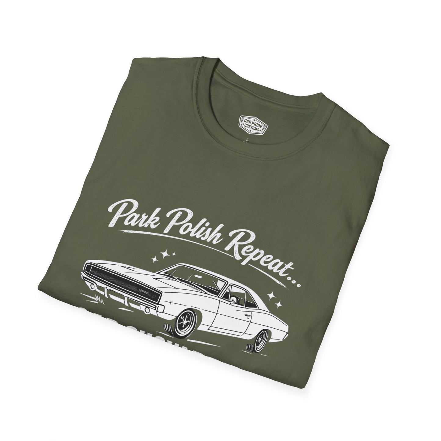Park Polish Repeat | 1968 Dodge Charger T-Shirt | Funny Mopar Car Show Graphic Tee | Classic Charger Shirt