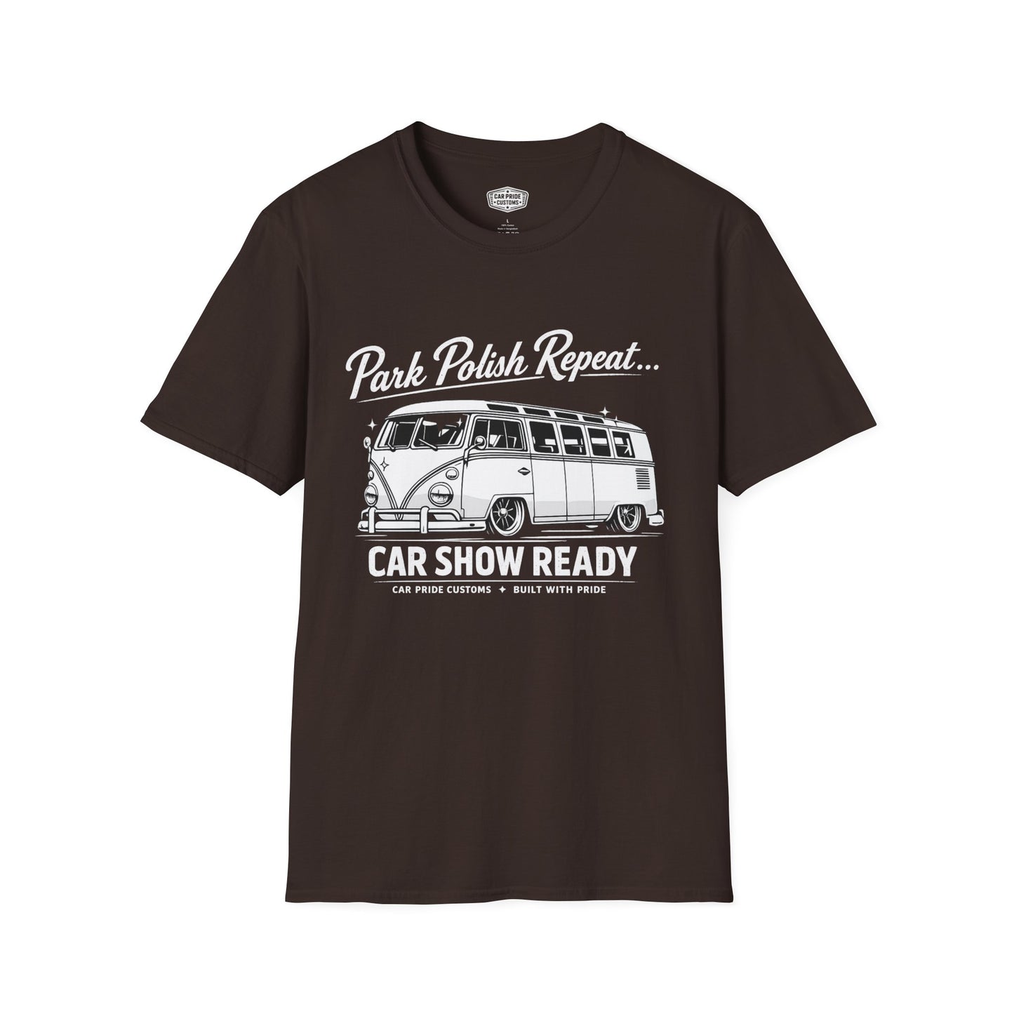 Park Polish Repeat | 1968 VW Bus 13-Window T-Shirt | Funny Classic Van Show Graphic Tee | Volkswagen Shirt