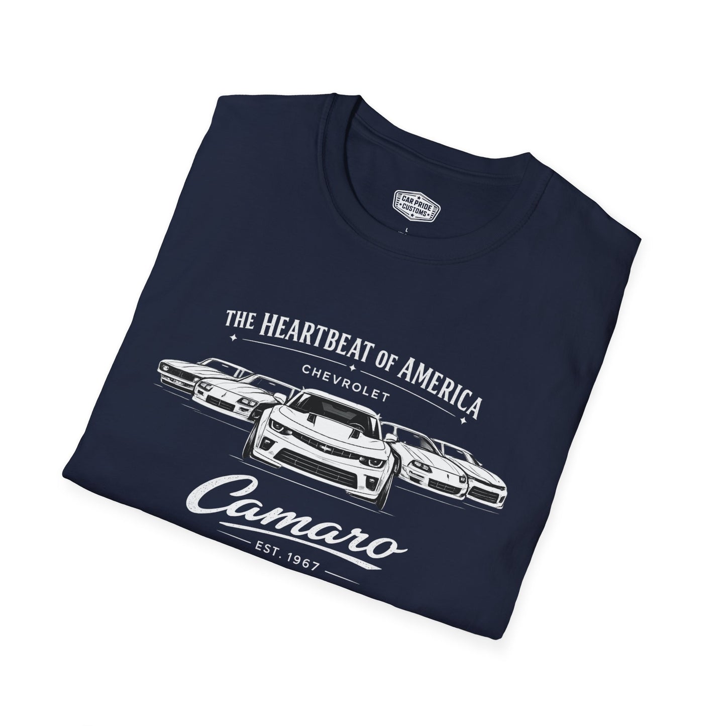 Chevy Camaro Evolution T-Shirt | Heartbeat of America Camaro Graphic Tee | Classic Chevrolet Muscle Car Shirt