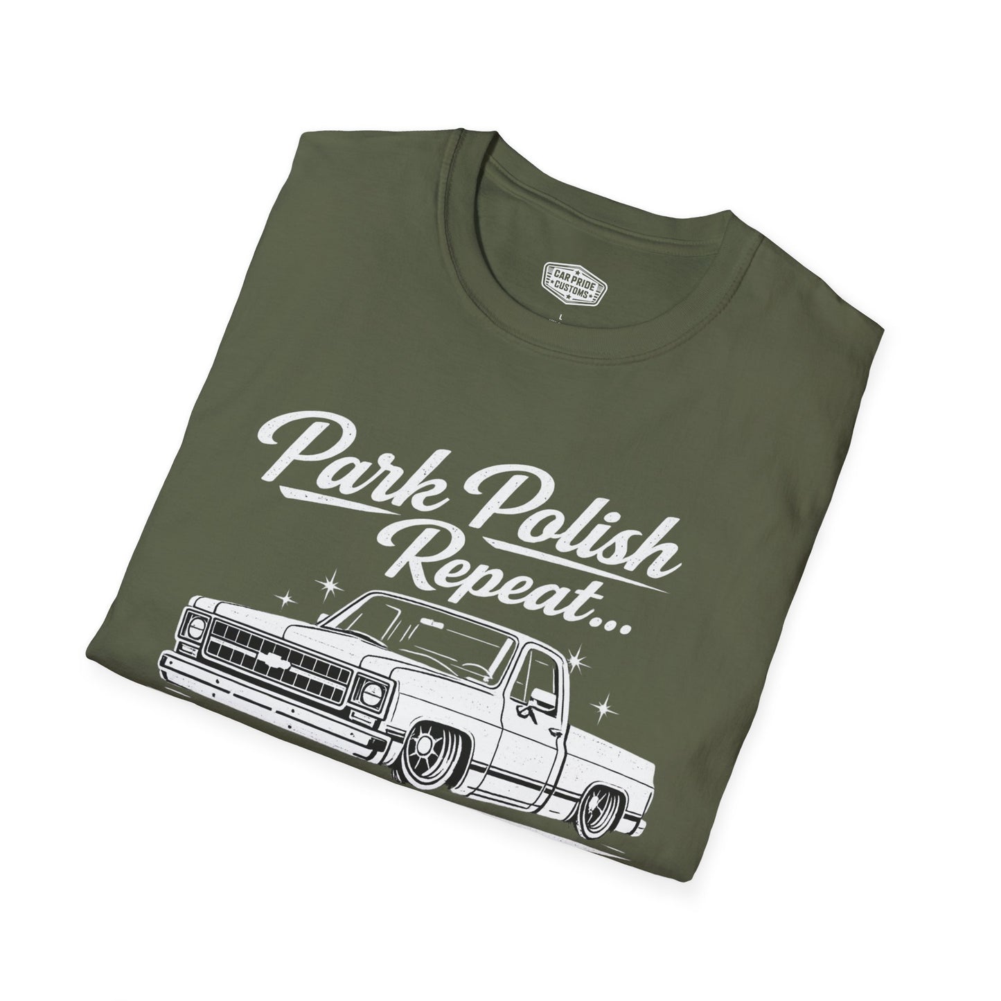Park Polish Repeat | 1975 Chevy Silverado T-Shirt | Funny Square Body Truck Show Graphic Tee | Chevrolet Truck Shirt