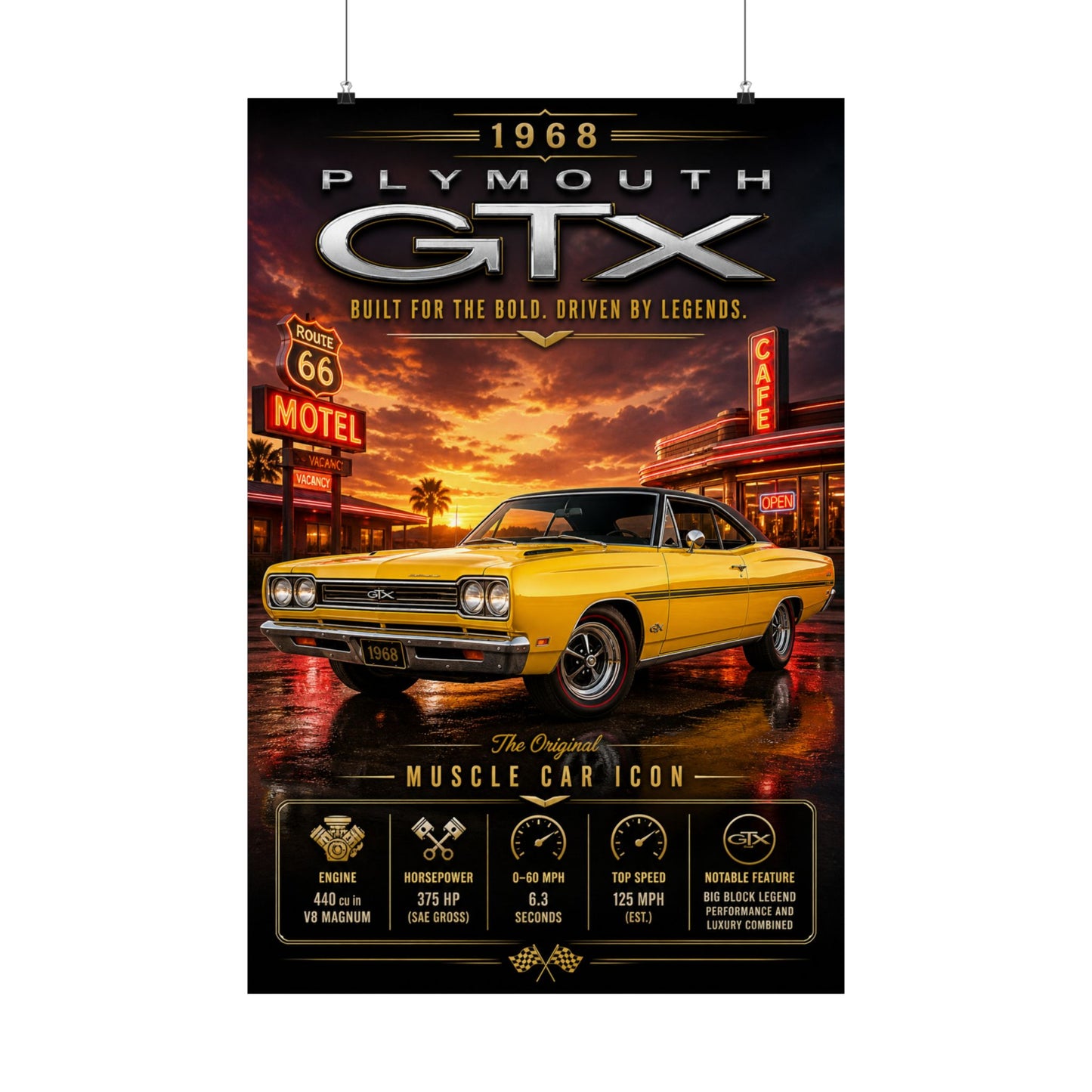 1968 Plymouth GTX Poster | Classic Mopar Muscle Car Wall Art | Vintage GTX Print | Route 66 Car Poster | Car Enthusiast Gift