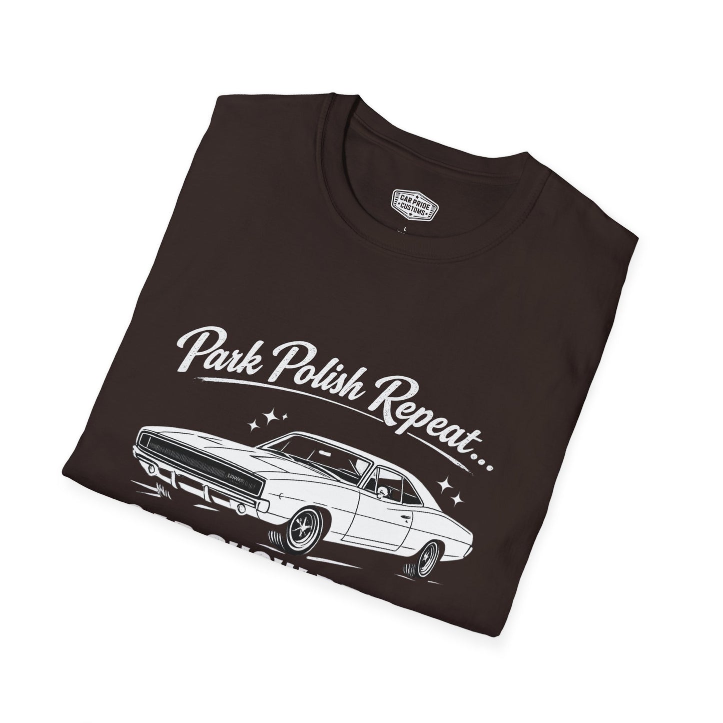 Park Polish Repeat | 1968 Dodge Charger T-Shirt | Funny Mopar Car Show Graphic Tee | Classic Charger Shirt