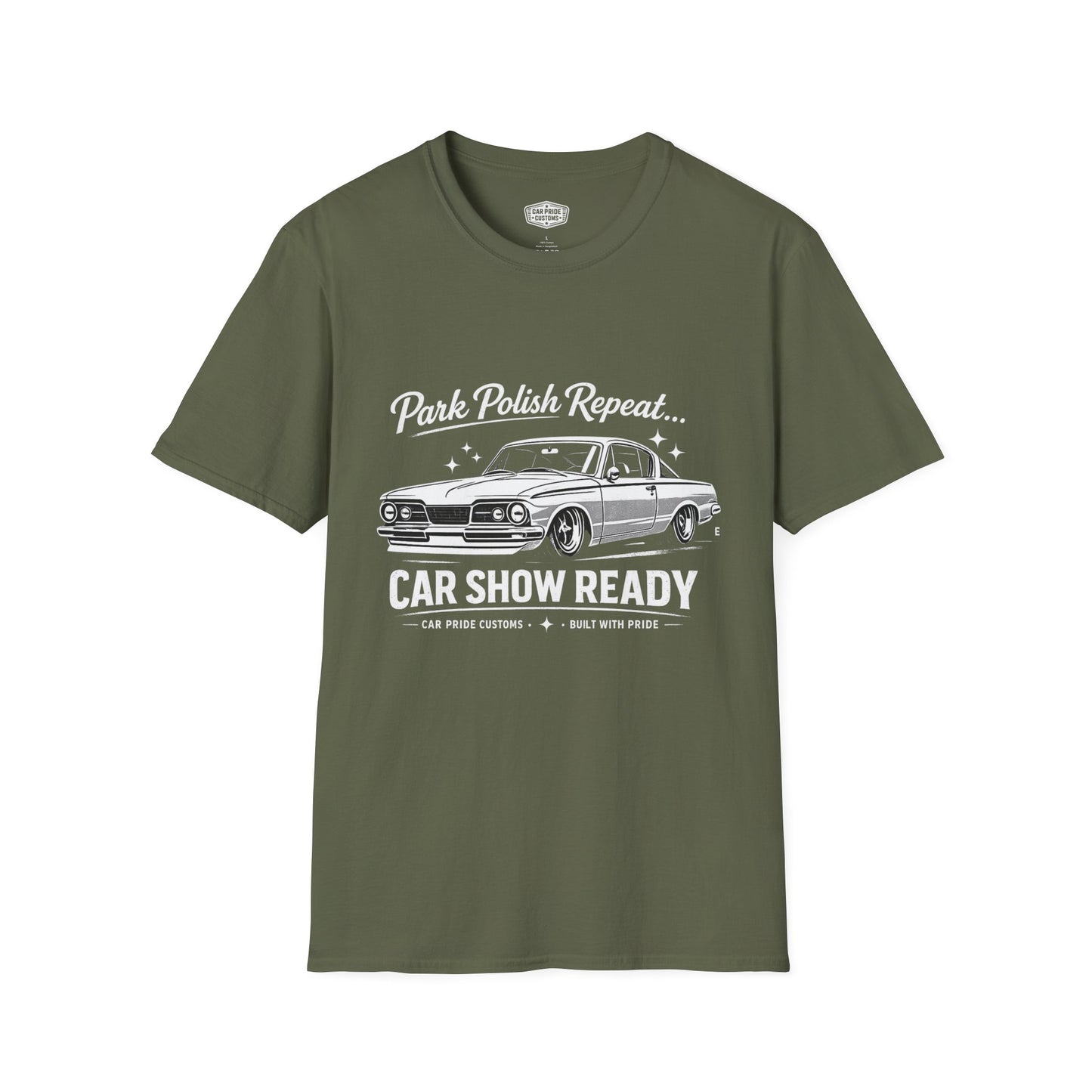Park Polish Repeat | 1965 Plymouth Barracuda T-Shirt | Funny Mopar Muscle Car Show Graphic Tee | Barracuda Shirt