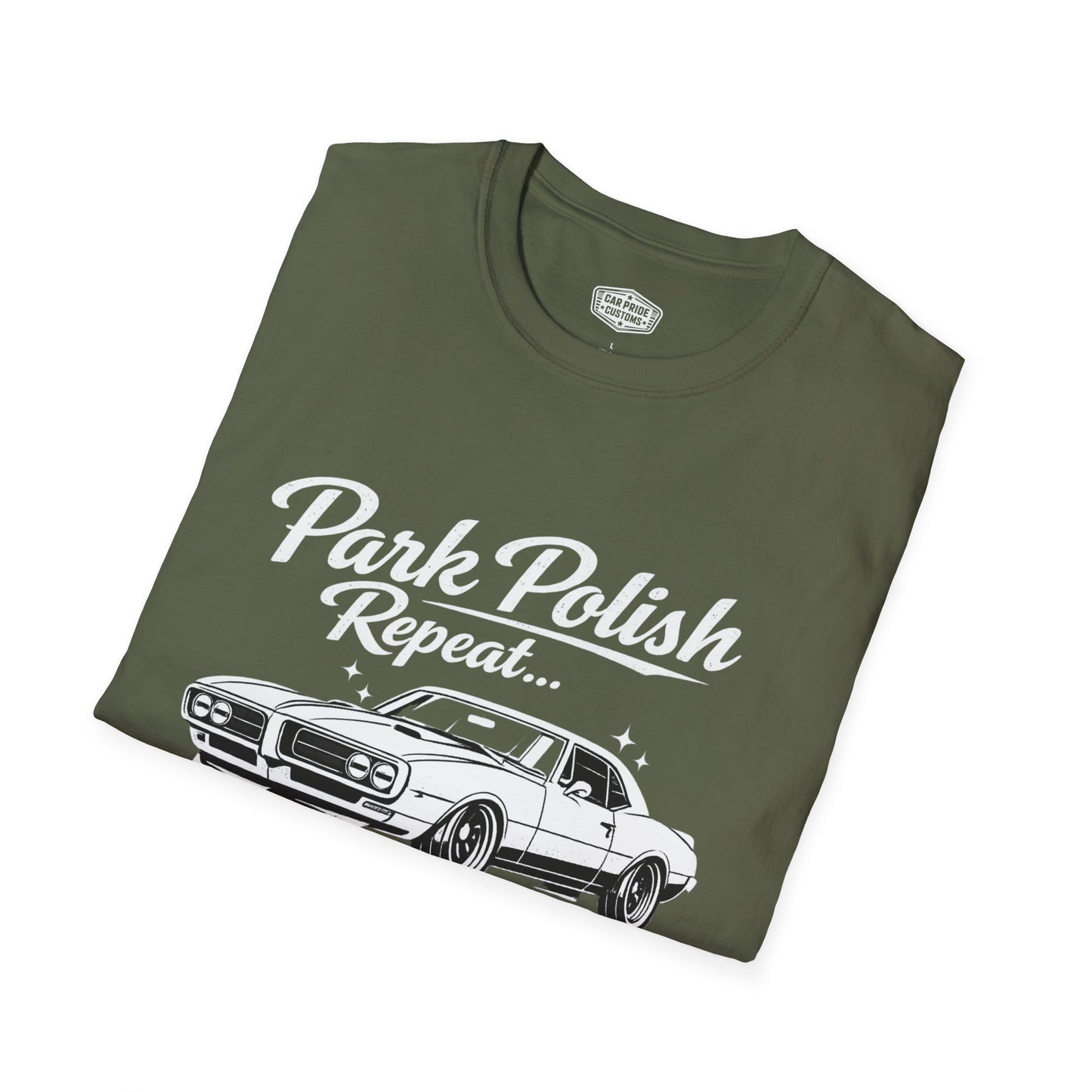 Park Polish Repeat | 1968 Pontiac Firebird T-Shirt | Funny Muscle Car Show Graphic Tee | Firebird Shirt