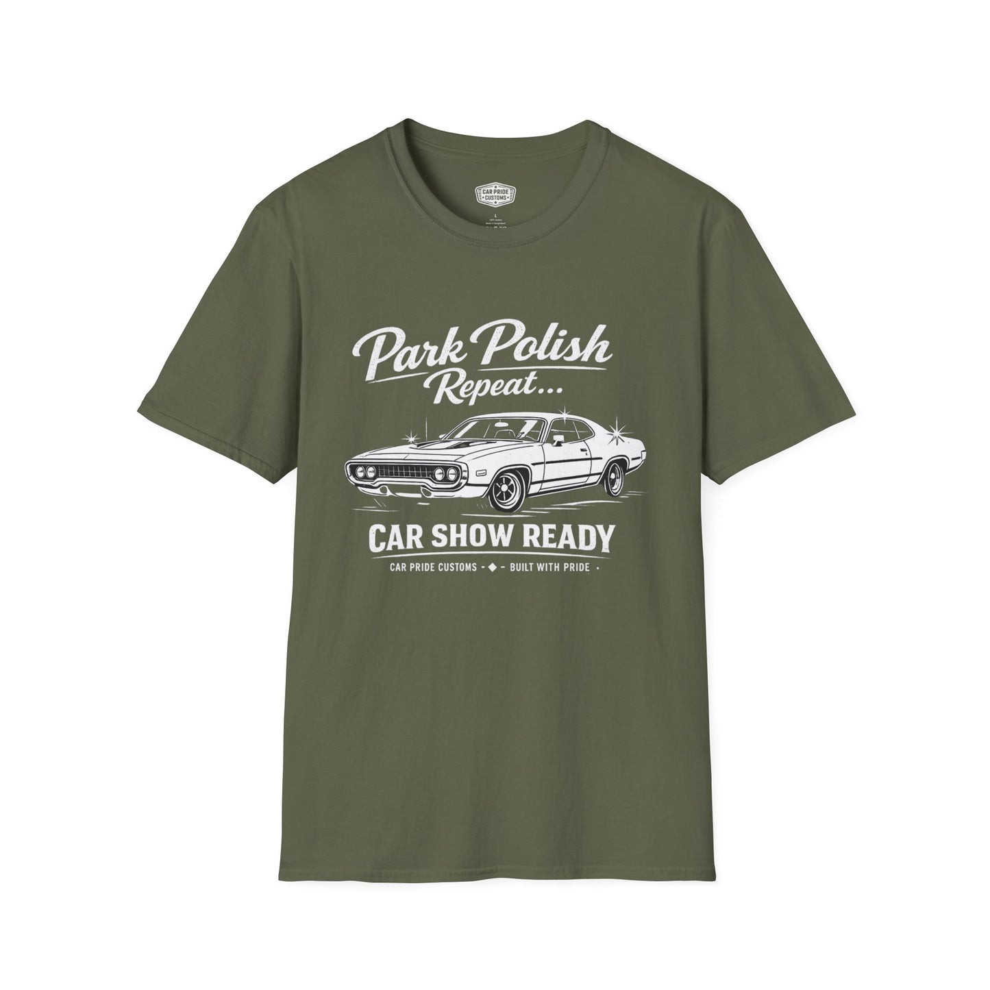 Park Polish Repeat | 1971 Plymouth Road Runner T-Shirt | Funny Mopar Muscle Car Show Graphic Tee | Road Runner Shirt