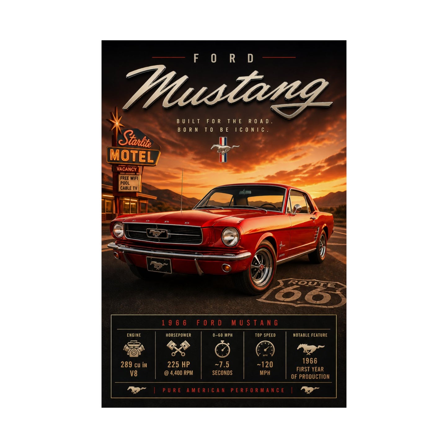 Ford Mustang 1966 Poster | Classic Mustang Wall Art | Vintage Pony Car Print | Route 66 Car Art | Car Lover Gift