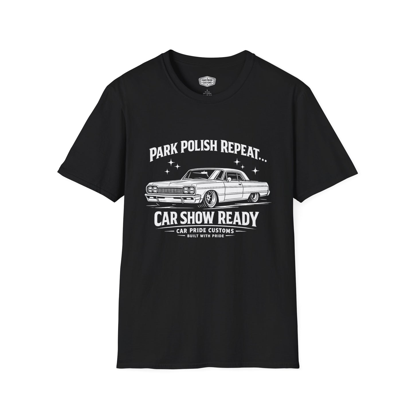 Park Polish Repeat | 1964 Chevy Impala SS T-Shirt | Funny Full-Size Muscle Show Graphic Tee | Impala Shirt