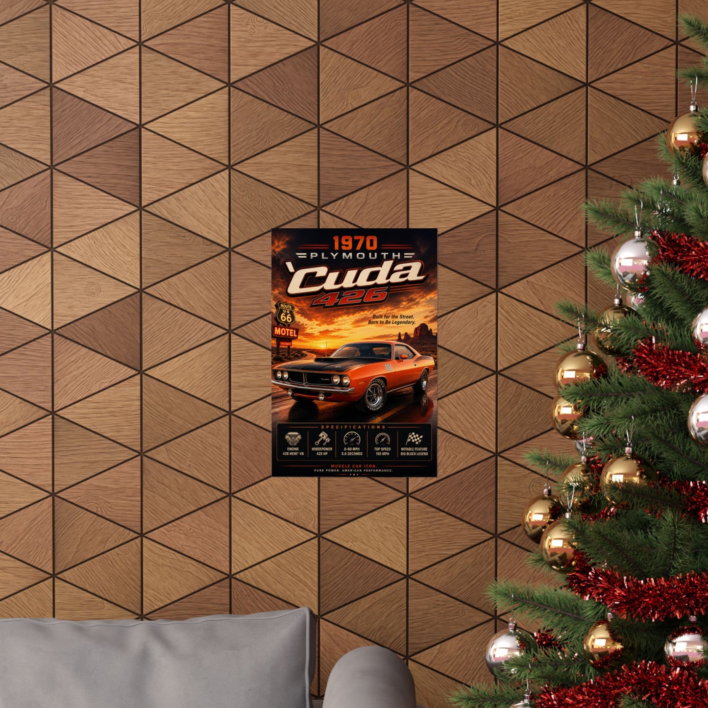 1970 Plymouth Cuda 426 Poster | Classic Muscle Car Wall Art | Hemi Cuda Print | Route 66 Poster | Car Enthusiast Gift
