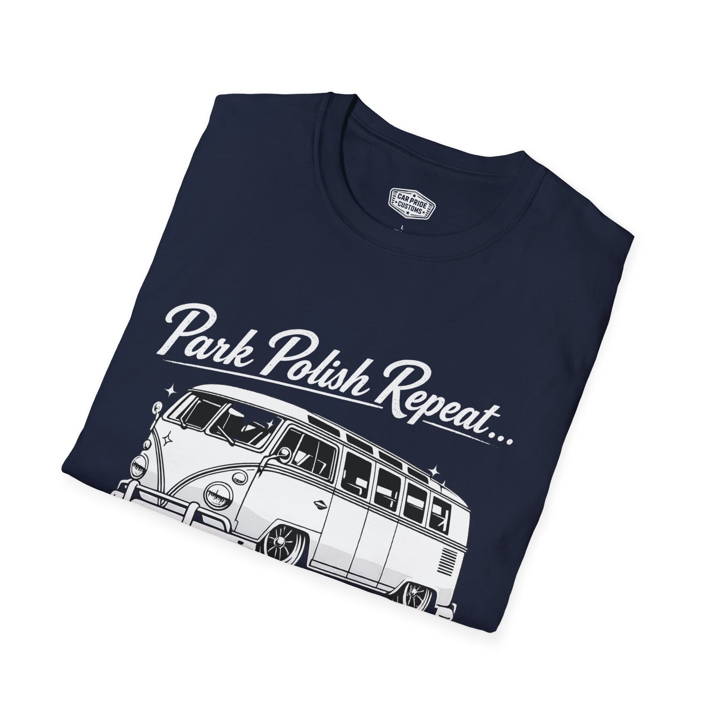 Park Polish Repeat | 1968 VW Bus 13-Window T-Shirt | Funny Classic Van Show Graphic Tee | Volkswagen Shirt