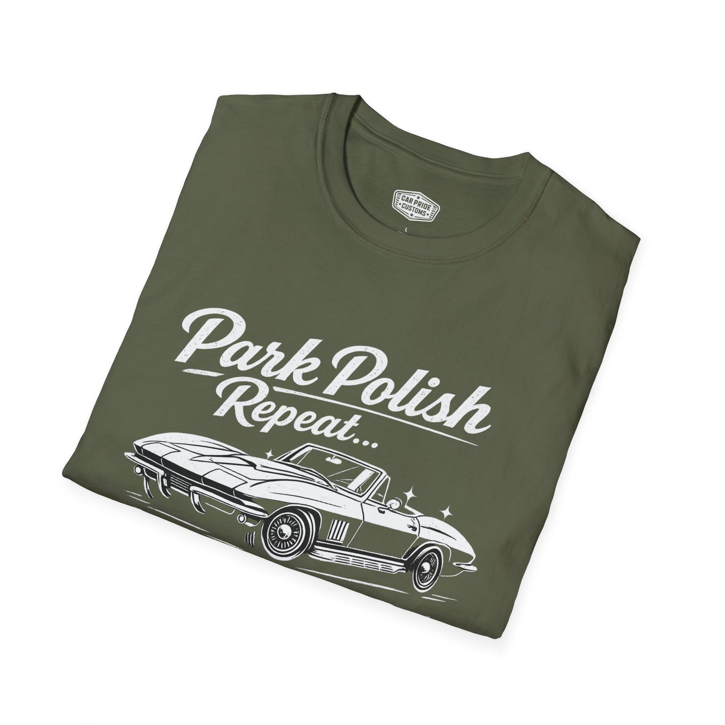 Park Polish Repeat | Corvette T-Shirt | Funny Car Show Ready Graphic Tee | Classic Stingray Shirt