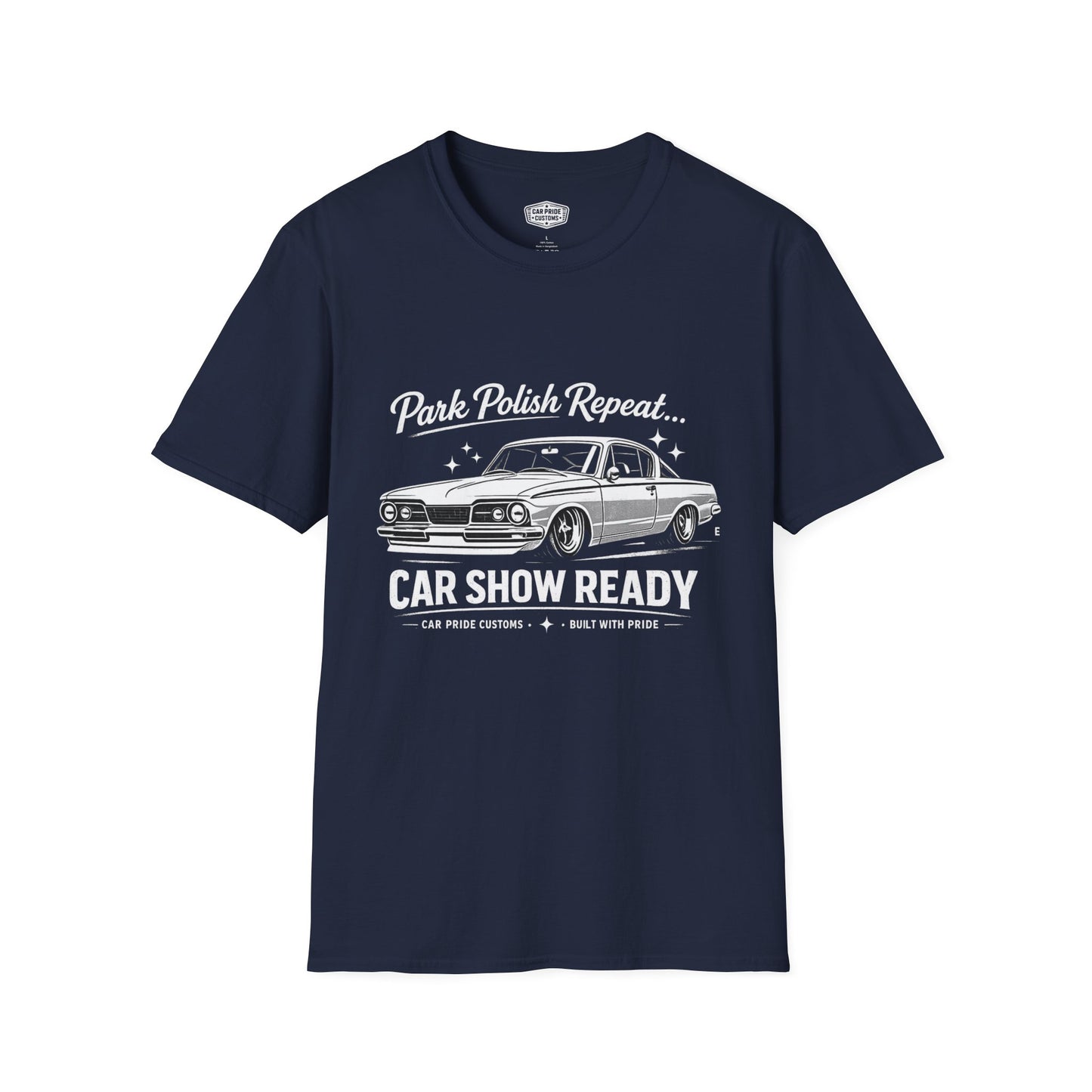 Park Polish Repeat | 1965 Plymouth Barracuda T-Shirt | Funny Mopar Muscle Car Show Graphic Tee | Barracuda Shirt