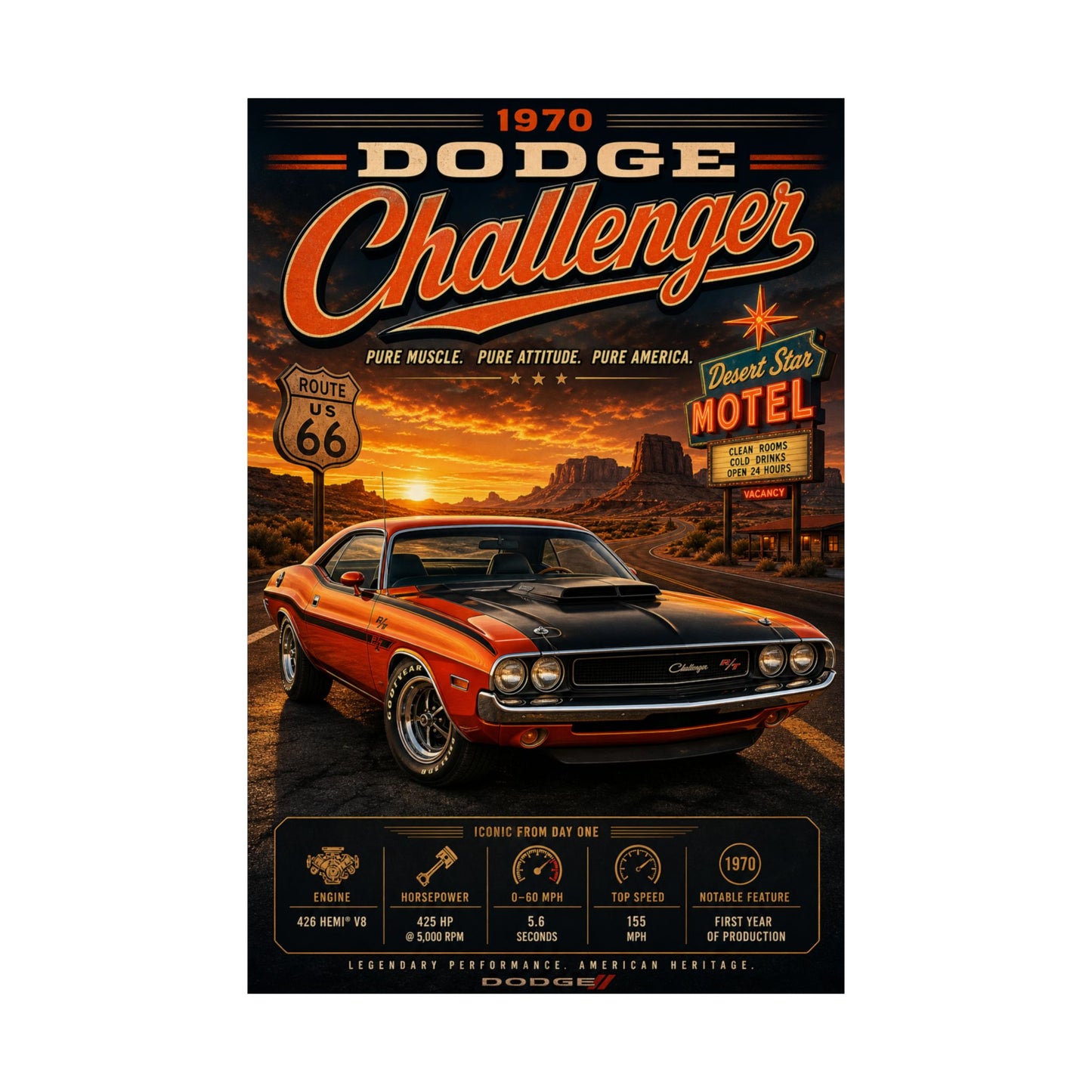 1970 Dodge Challenger Poster | Classic Mopar Muscle Car Print | Route 66 Wall Art | Vintage Challenger Poster | Car Lover Gift