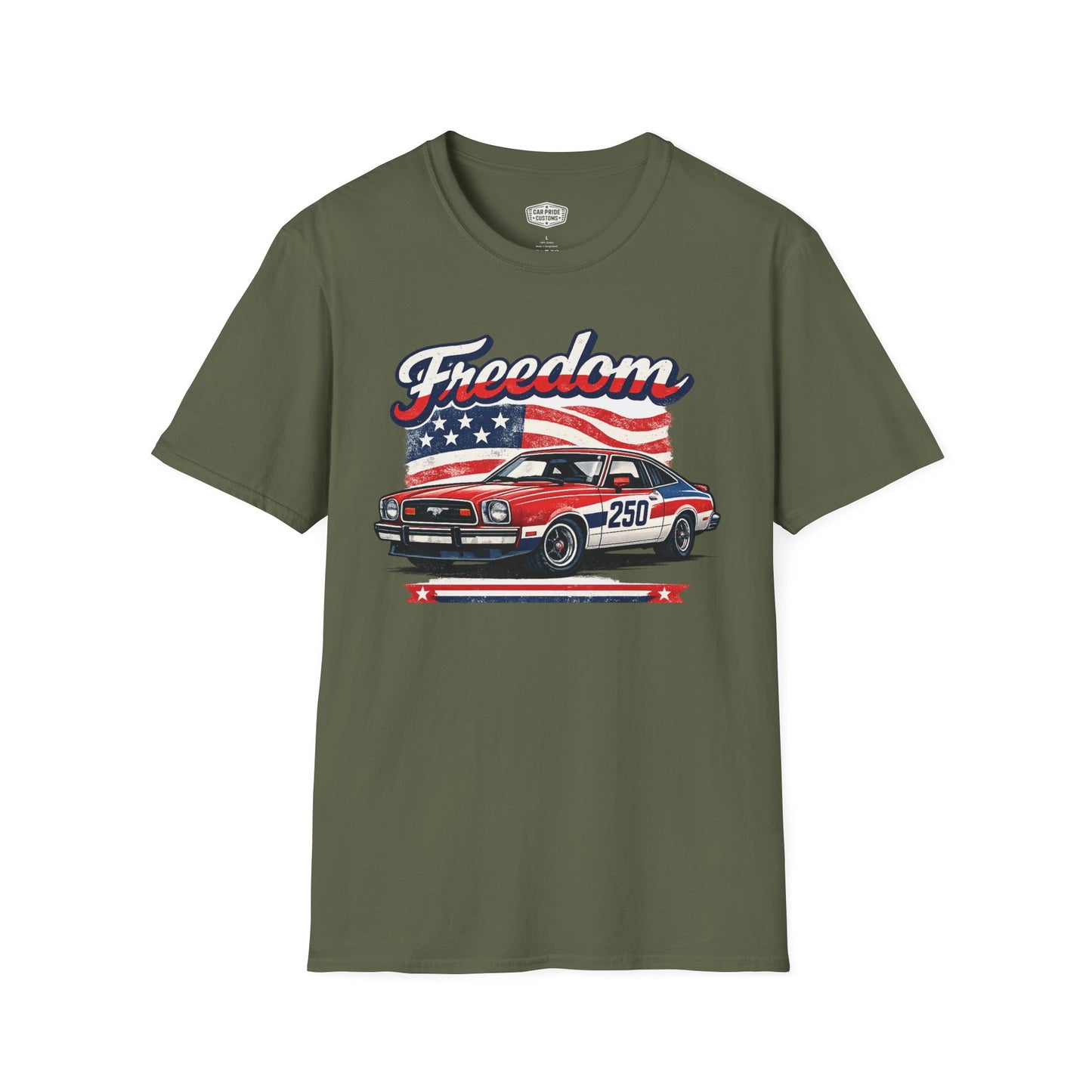 Freedom Mustang II 250 Patriotic American Muscle Car T-Shirt | Fathers Day Gift | Car Enthusiast Tee