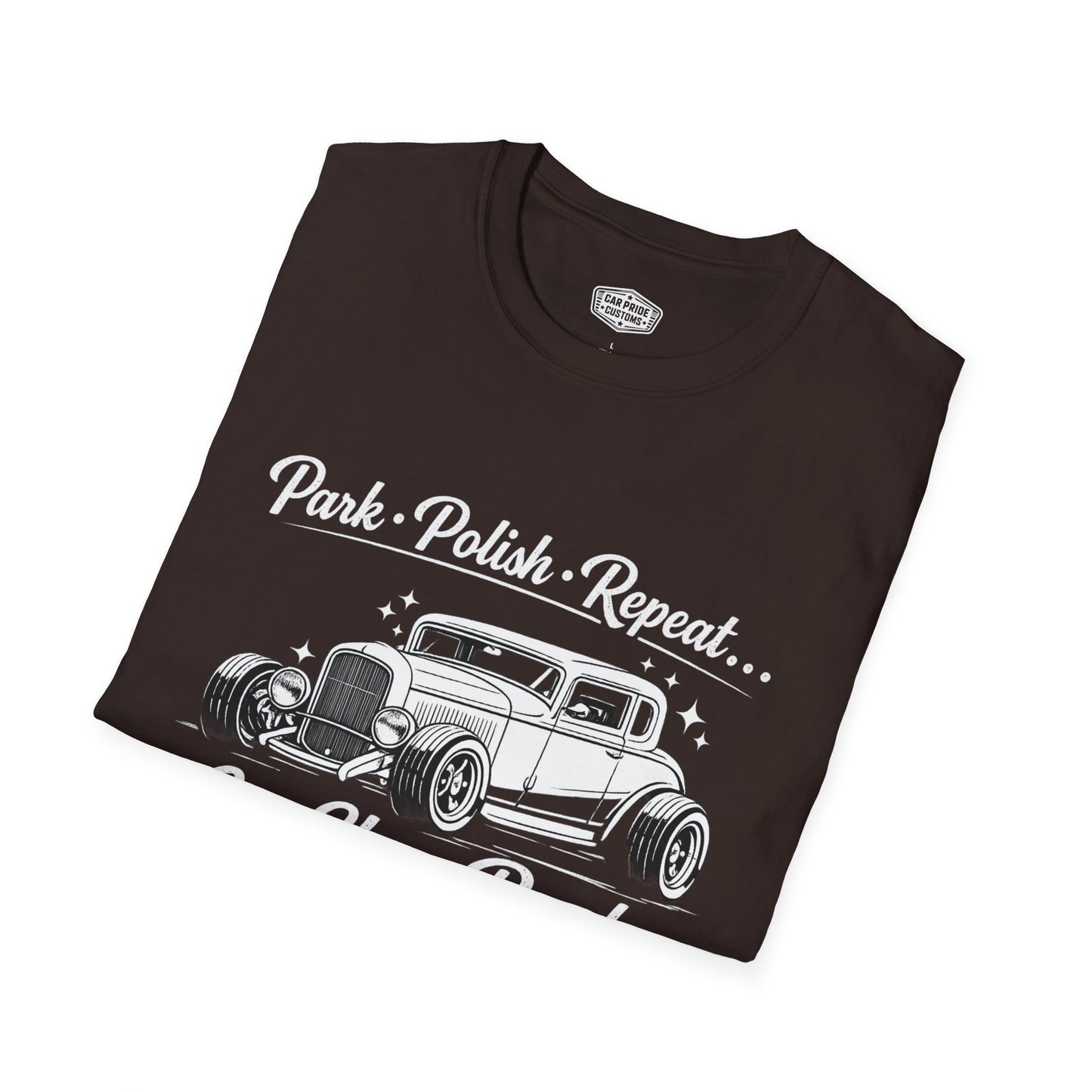 Park Polish Repeat | 1932 Ford Deluxe Hot Rod T-Shirt | Funny Vintage Car Show Graphic Tee | Ford Roadster Shirt