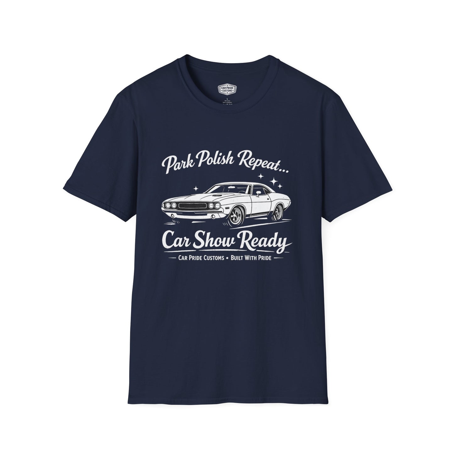 Park Polish Repeat | 1970 Dodge Challenger T-Shirt | Funny Mopar Muscle Car Show Graphic Tee | Challenger Shirt