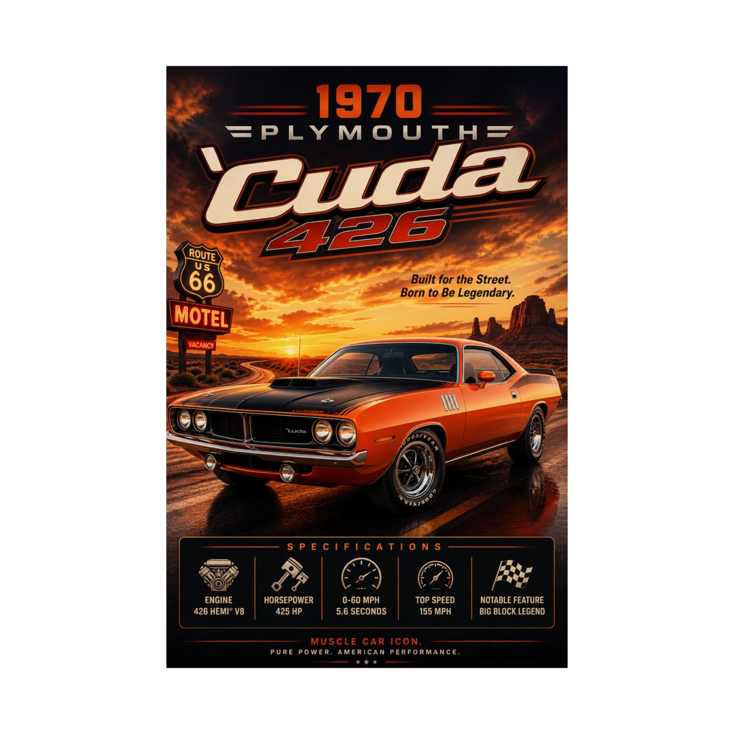 1970 Plymouth Cuda 426 Poster | Classic Muscle Car Wall Art | Hemi Cuda Print | Route 66 Poster | Car Enthusiast Gift