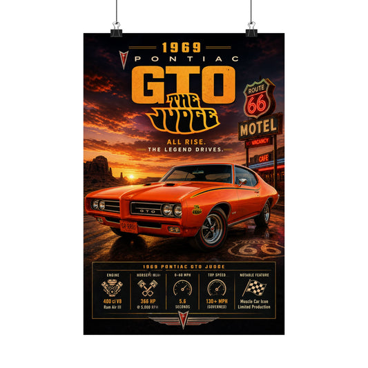 1969 Pontiac GTO Judge Poster | Classic Muscle Car Wall Art | Vintage GTO Print | Route 66 Car Poster | Car Enthusiast Gift
