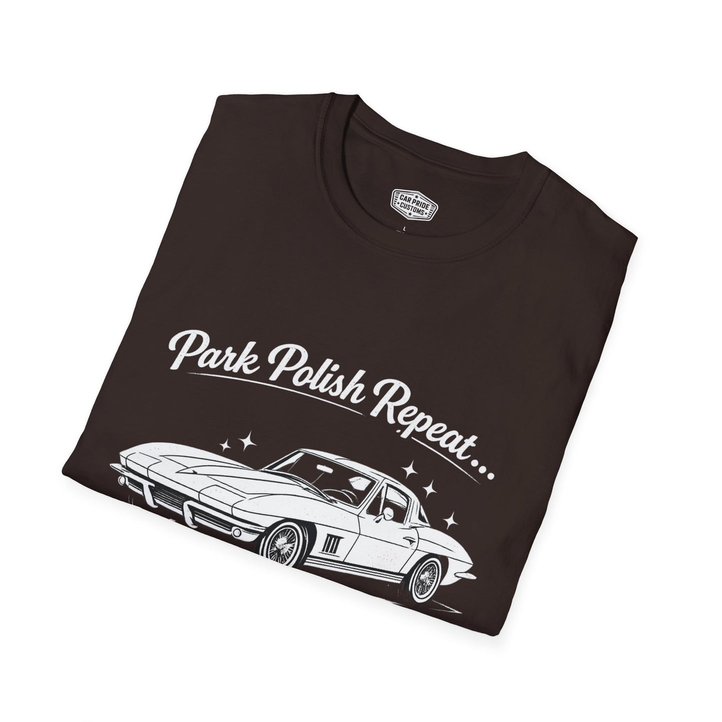 Park Polish Repeat | 1963 Chevy Corvette T-Shirt | Funny Split Window Car Show Graphic Tee | Stingray Shirt