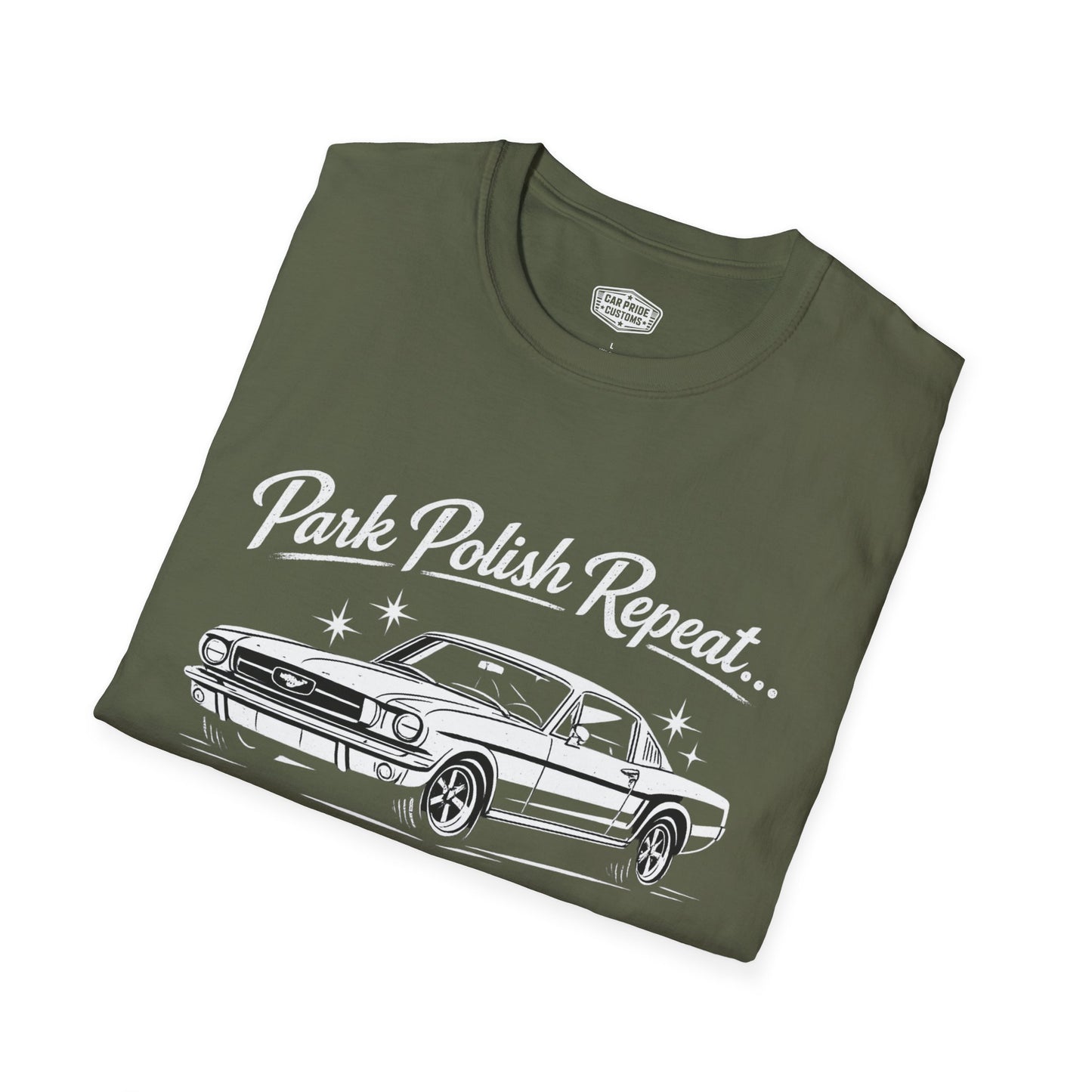 Park Polish Repeat | 1968 Ford Mustang Mach 1 T-Shirt | Car Show Ready Mustang Graphic Tee | Classic Ford Shirt
